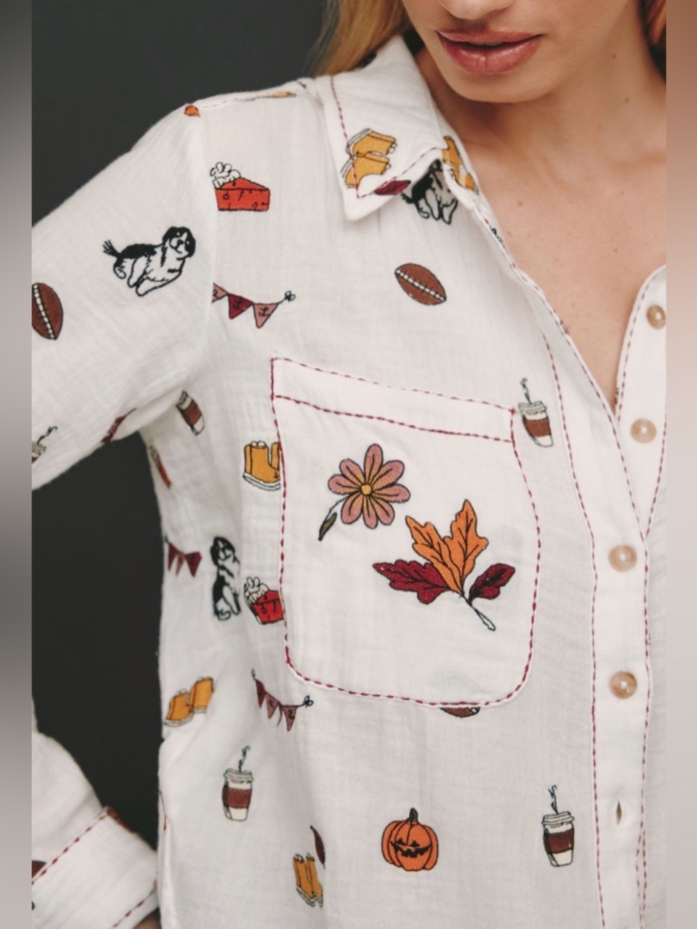 Anthropologie Pilcro Embroidered Icon Buttondown Shirt, XXS NWT - Picture 2 of 5